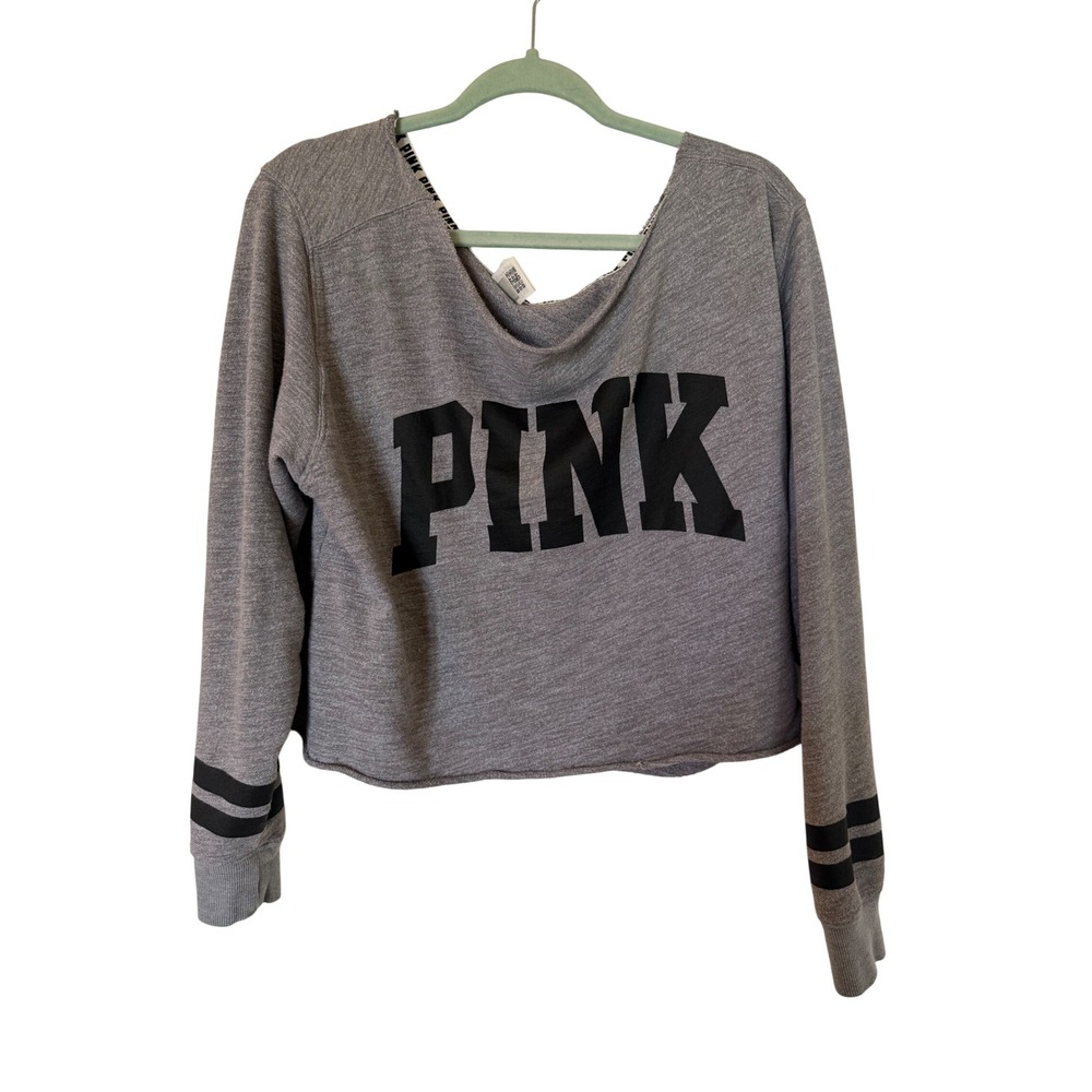 Victorias Secret PINK Grey Cropped Sweatshirt Off Shoulder Logo Pullover Large